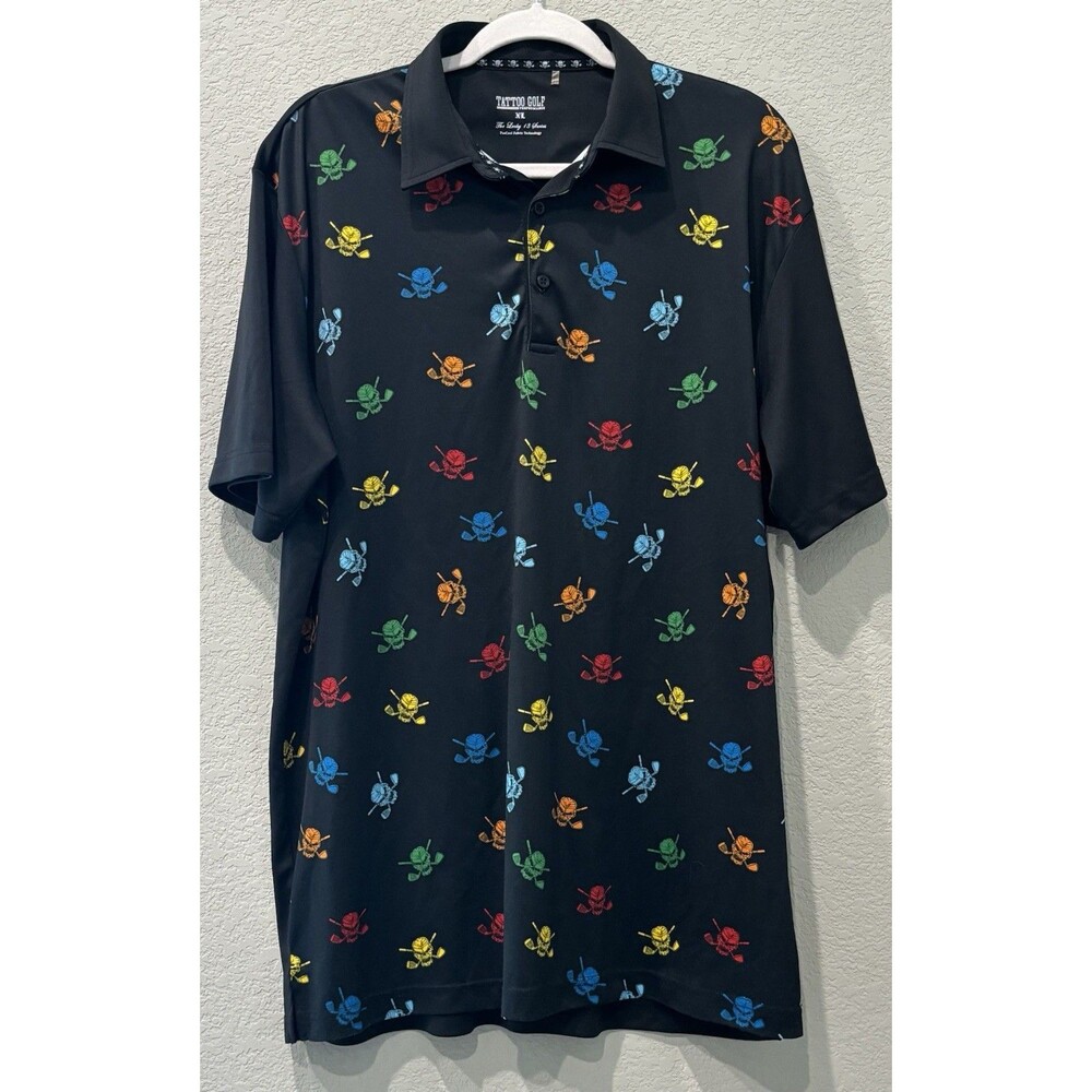 Tattoo Golf Men’s XL Polo Black Colorful Skull Moisture Wicking Athletic Leisure